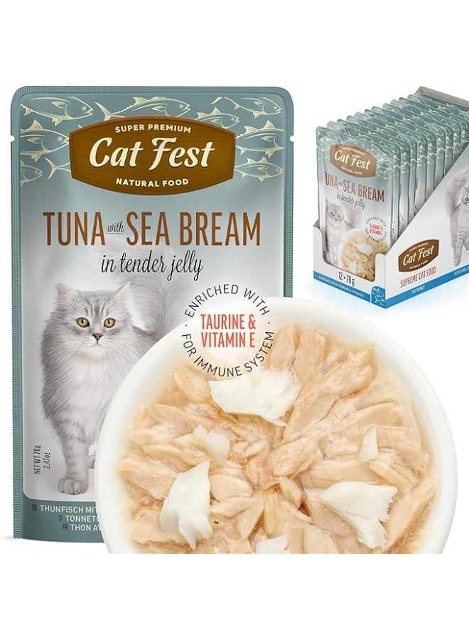 Cat Fest Tuna Fillets with Sea Bream in Tender Jelly - Wet Cat Food Rich in Taurine, Vitamin E & Omega 3, 70 g From Varmacy - Image 1